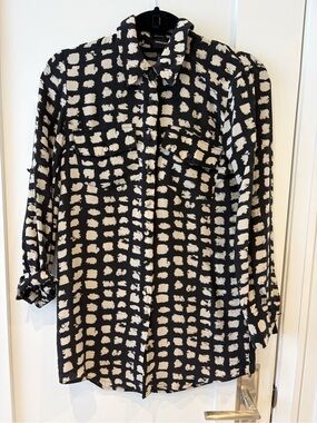 Central Park West Black and Cream Grid-Print Long Sleeve Shirt Dress